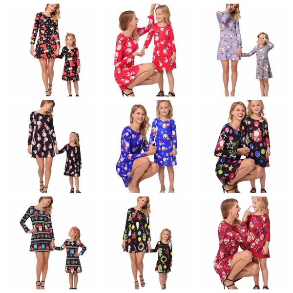 Noël famille correspondant robe imprimer femmes filles robes à manches longues mère fille tenues famille correspondant vêtements 12 modèles DHT504