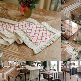 Kerstvilt tafelloper natuurlijke katoenen jute splicing boheemian stijl tafels loper met kwastjes dineren bruiloft thuis decor 20220429 d3