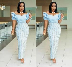 2022 prachtige Aso Ebi Afrikaanse avondjurken van de schouder Ruches 3D Floral Plus Size Long Elegant Prom -jurken Csutom gemaakt B0606X10