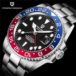 Kerst Watch Pagani Design GMT Red Blue Colar Bezel Automatische mechanische beweging Horloges Glazen rug roestvrijstalen riem mannen polshorloges