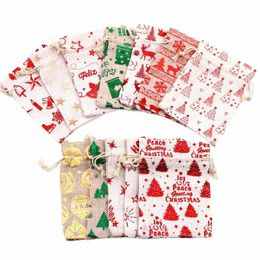 Sac cadeau de Noël Cordon Belle Portable Mini Stockage Sac De Bonbons Père Noël Elk Imprimé Emballage Cott Sacs 10 * 14 cm H8RS #