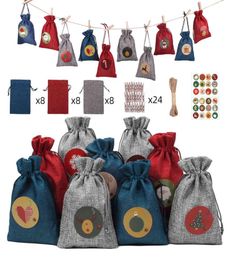 Saco de presente de natal pacote de linho bolso pingente de presente de natal contagem regressiva saco de número 24 conjuntos natal3559622