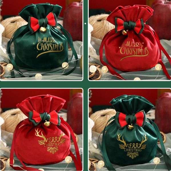 Bolsa de regalo de Navidad, bolsa de terciopelo con estampado de manzana, regalo de Navidad, bolsas con cordón para embalaje de galletas y dulces, decoración del hogar, Año Nuevo 2024