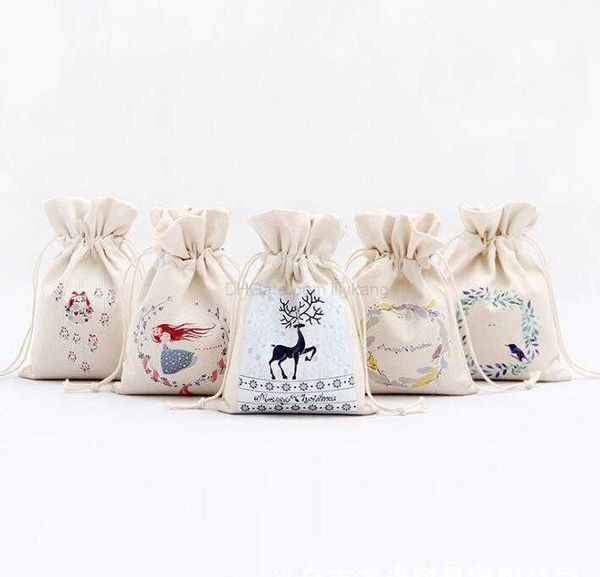 Bolsa de regalo de Navidad Bolsas de saco con cordón de lona de algodón puro 15 sacos de Navidad de diseño de Papá Noel para niños Regalos Dulces
