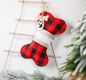 Bolsas de regalo de Navidad Medias navideñas en forma de hueso A cuadros Árbol de Navidad Calcetines colgantes Medias para mascotas Bolsa de dulces para niños Decoraciones navideñas BT5736