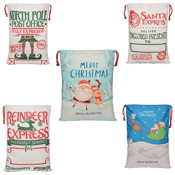 Sacs cadeaux de Noël Sac en coton en toile de lin Santa Sack Xmas Renne Cordon de serrage Sac imprimé 5 Styles DHL Shipping