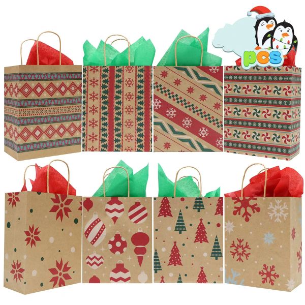 Sacs cadeaux de Noël avec poignée, sac en papier kraft imprimé, sacs de cadeaux de fête pour enfants, boîte de décoration de noël, sac de bonbons pour gâteaux de noël, vente en gros