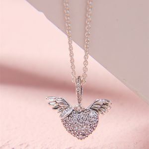Kerstcadeau Pave Heart Angel Wings Necklace 925 Sterling Zilveren Sieraden Ketting Hanger Kettingen Voor Vrouw Zilver 925 Sieraden Q0531