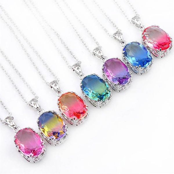 Cadeau de Noël Pendentifs Arc-en-Ciel Ovale Vintage Bicolore Tourmaline 925 Collier Plaqué Argent Sterling Femmes Bijoux Australie US 203Q