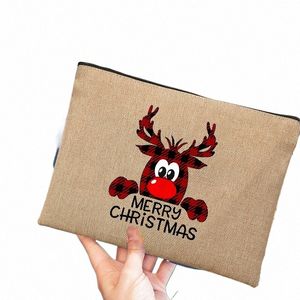 Cadeaux de Noël Sac cosmétique personnalisé Joyeux Noël Pochettes en lin Sacs de maquillage de Noël Sacs cadeaux de vacances Porte-monnaie c2r8 #