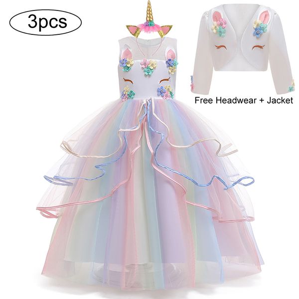 Noël fille licorne arc-en-ciel longue robe fleur fille fête de mariage robe de princesse chanceux bébé filles anniversaire robe ensemble 3-12 ans