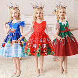 Christmas Girls 2023 Nouvelles robes pour enfants dessin animé Performance de danse imprimée Téant de fête Robe bébé Costume Costum L2405