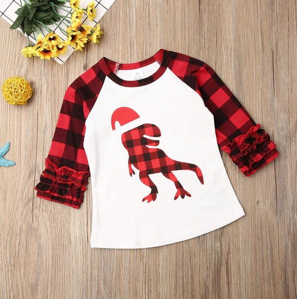 Ropa navideña para niñas, camisetas con estampado de dinosaurios para niños pequeños, camisetas a cuadros con mangas con volantes, conjunto de ropa para bebés de Santa, 2 diseños BT4819