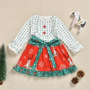 Robe de noël pour filles, imprimé cerf, Point ondulé, bouton contrasté rouge et vert, jolie robe à nœud, vente en gros en Europe et en amérique