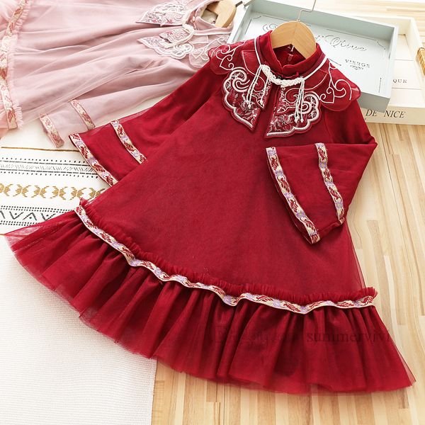 Robes de falbala de gaze de filles de Noël avec poncho de broderie de dentelle de chaîne de perles 2pcs ensembles enfants robe de princesse à manches évasées vêtements de fête de Noël pour enfants Z5597