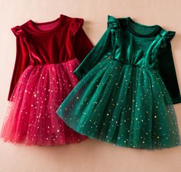 Kerst meisjes pailletten sterrenhemel kant tule jurken kinderen fluwelen splicing gaas prinsessenjurk kinderen xmas pageant kleding Z5362