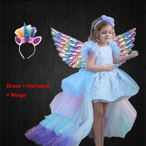 Robe de noël licorne pour filles, avec ailes à longue queue, bandeau, princesse, fête d'anniversaire, robe de bal, vêtements de cheval pour enfants, 326Y