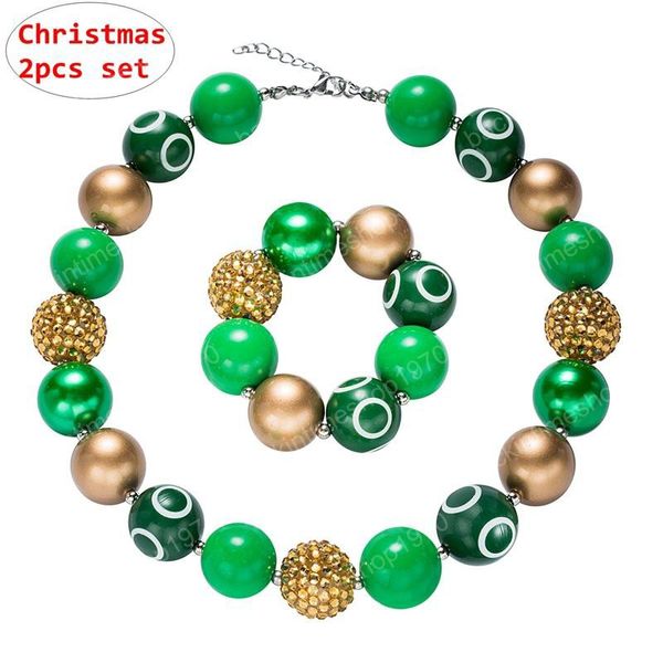 Ensemble de collier et bracelet de noël pour filles, vert, 2 pièces, perles à bulles épaisses, ensembles de bijoux boutique, cadeau de vacances pour enfants
