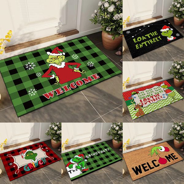 Tapis de porte Grinch de Noël, tapis de bienvenue pour porte d'entrée, antidérapant et lavable, tapis d'hiver, tapis de sol, 24x16 pouces