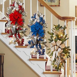 Guirnalda de flores colgantes para escaleras de Navidad, adorno colgante de corona Artificial con luz, decoración del hogar para Festival de Año Nuevo