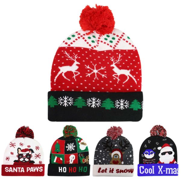 Sombrero de Navidad Moda para niños y adultos Nuevo estilo de batería desmontable Sombrero de punto con brillo colorido Sombrero de Navidad con luz LED de Papá Noel