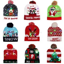Chapeau de Noël Pull lumineux à LED Bonnets de Père Noël tricotés Chapeaux de Noël pour enfants Pompon de fête cadeau Bonnet chaud en tricot lumineux Décoration de Noël Alkingline