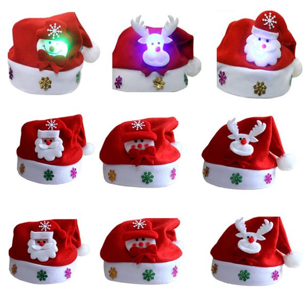 Chapeau de Noël LED lumières Chapeau Père Noël bonhomme de neige Elk Cap Cadeaux de Noël pour enfants et adultes Décorations de fête de Noël Vaisselle Titulaire HH7-227