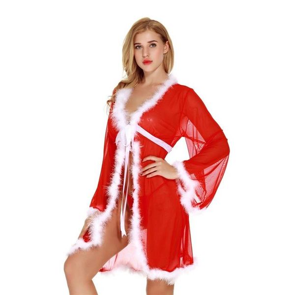 Vacaciones de Navidad Blanco Fuzzy Fur Trim Red Kimono Robe con Panty Set Mujeres Sexy Santa Ropa íntima Lencería Sheer Lacy Sleepw309l