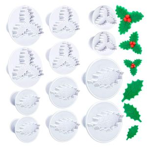 Kerst Holly Leaf Cookies Cutter Biscuit Fondant Plunjer Spring Sugarcraft Cupcake Decoreren Mold bakgereedschap MJ1132