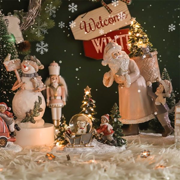 Décorations pour la maison de Noël Accessoires Maisons de village Figurines Bonhomme de neige/Père Noël Figurines Décor de Noël Cadeaux de cerf Lumière LED 220518