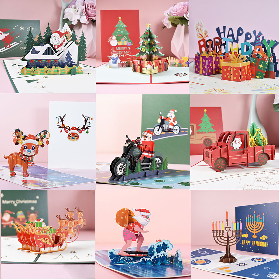 Christmas Invitation Card 3D Xmas Creative Pop Up Greeting Cute Cartoon Santa Claus Cards Gift Postcard