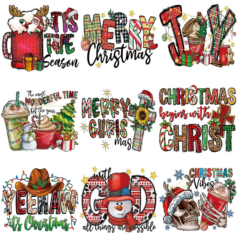 Christmas Iron on Transfers Stickers Cute Deer Xmas Heat Transfer Patches Applique for T-Shirt Jackets Hoodies Coats Pillow DIY Decorations