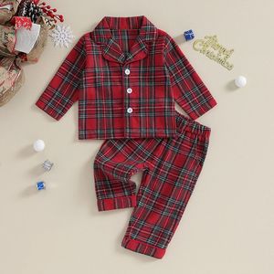 Noël enfants filles garçons pyjamas ensemble costume de détente à carreaux boutonné chemise à manches longues et pantalon élastique 2 pièces vêtements de nuit pour tout-petits 240304