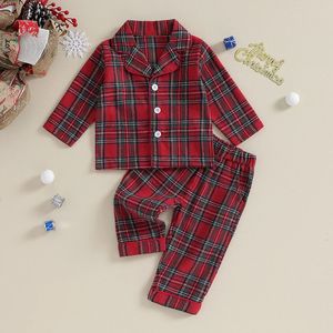 Christmas Kids Girls Boys Pyjamas Set Loungewear Pak geruite knop omhoog lange mouw shirt en elastische broek 2 stks peuter slaapkleding 240507