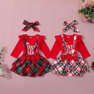 Weihnachten Kinder Mädchen Kleidung Set Nette Baby Brief Drucken Langarm Strampler Plaid Hosenträger Röcke Stirnbänder 3 Teile/satz Outfits