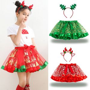 Noël Enfants Filles Tutu Jupe Robe Cerf Arbre De Noël Étoiles Imprimé Paillettes Robes Avec Des Bâtons De Cheveux Enfants Paillettes Fête Danse Robes Ballet Jupes M4210