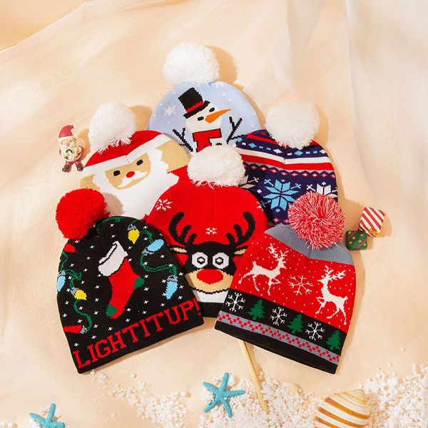 Gorro de Papá Noel tejido de Navidad para niños, gorro de invierno cálido para niños, gorro de copo de nieve con ciervo de Navidad, gorros con pompón de ganchillo, gorros de esquí para bebés al aire libre M2679