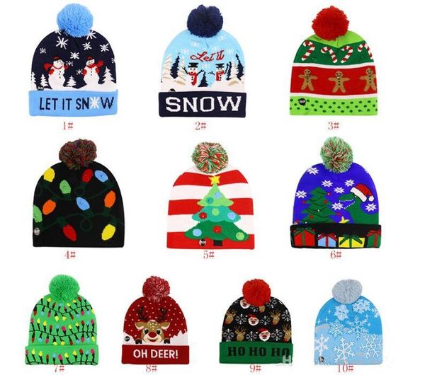 Sombreros de punto de Navidad LED Niños Bebé Calentador de invierno Gorros Crochet Gorras de dibujos animados Decoración de fiesta Regalo de Navidad 10 estilos