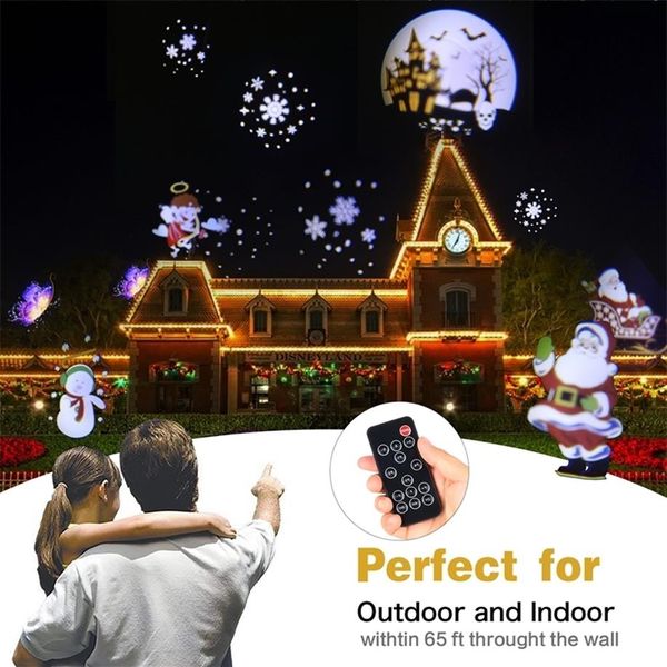 Proyector láser de Navidad Efecto de animación IP65 Proyector de Halloween para interiores y exteriores 12 patrones Copo de nieve Muñeco de nieve Luz de escenario # Y20262g