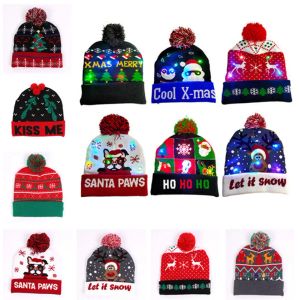 Navidad LED Beanie Hat Adultos Niños Luz intermitente Sombreros Santa Claus Muñeco de nieve Reno Elk Festivales Sombreros Invierno Cálido Crochet Beanie ZZ