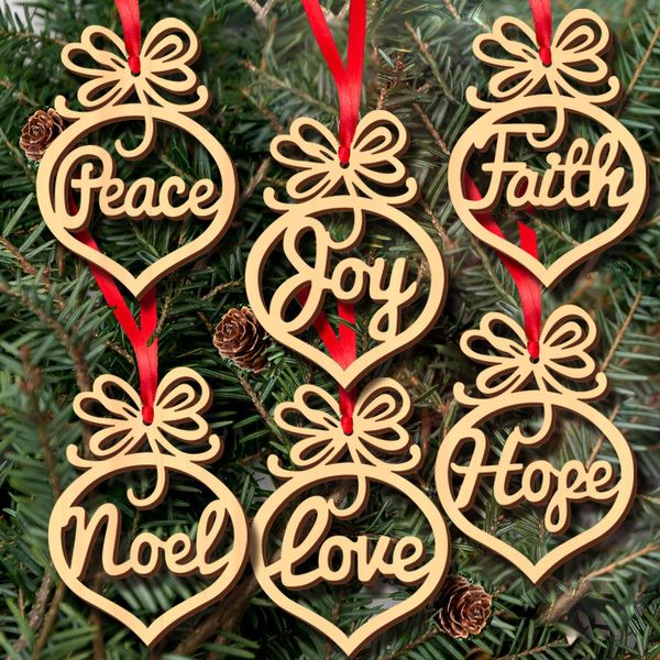 Letra de Navidad de madera Corazón Patrón de burbuja Adorno Decoraciones para árboles de Navidad Adornos para festivales en el hogar Regalo colgante, 6 piezas por bolsa OP286