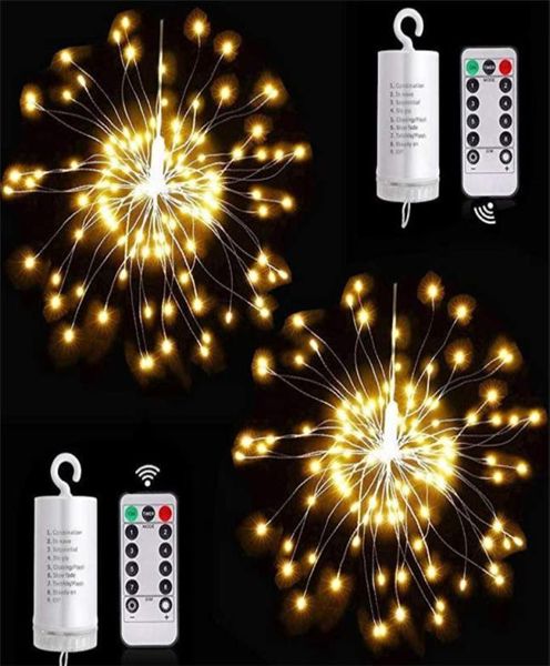 Luces navideñas Cadenas LED 8 modos Funciona con pilas Decorativas 120 150 180 200 Mini cadena de luces de alambre de cobre con forma de fuegos artificiales 2630121