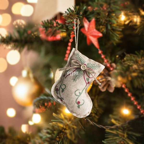 Linge de Noël Pendentif Arbre Imprimé Petite Sangle Ornement-Étoile à Cinq Branches Chaussettes Boule Centre Commercial Décoration Tissu Embellissement LLD10906