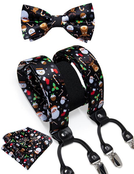 Navidad para hombre Tirantes elásticos Ajustable Negro Bowtie Gemelos Conjunto Árbol de Navidad Santa Y tirantes traseros Correa ancha Clip de metal 240313