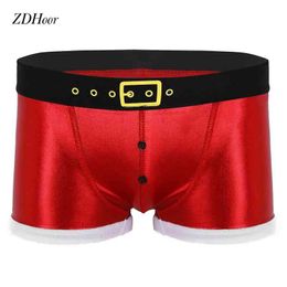 Noël Mens Gay Sous-vêtements Santa Claus Boxer serré Faux Cuir Imprimé Ceinture Modèle Cosplay Come Sissy Sous-vêtements G220419