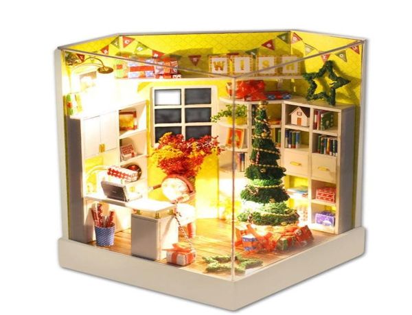 Mini maison de poupée de Noël avec cache-poussière livres légers figurines miniatures en bois bricolage kits de maison de poupée jouets mainan rumah boneka Y200413066404