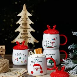 Taza de Navidad Linda chica de dibujos animados Navidad taza de té de cerámica regalos de Navidad tazas de pareja con tapa cuchara 1102