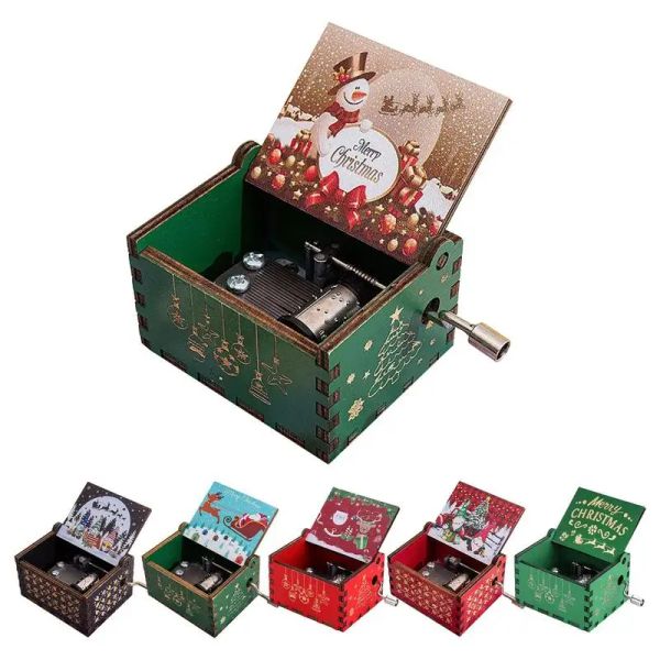 Christmas Music Box Hand Crank Delate Vintage Wood Christmas Decor Music Music Toy Holiday Gift Cute Christmas Ornement