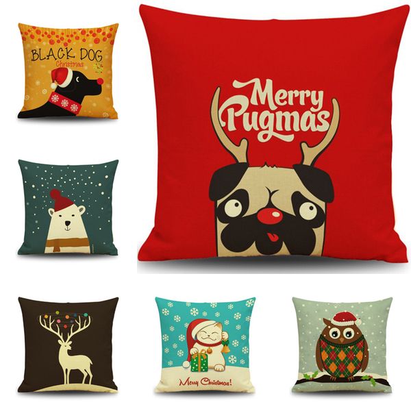 Housse de coussin cadeau de noël, taie d'oreiller mignon chiot, carlin, chien, chat, hibou, renne, taie d'oreiller, décoration de maison