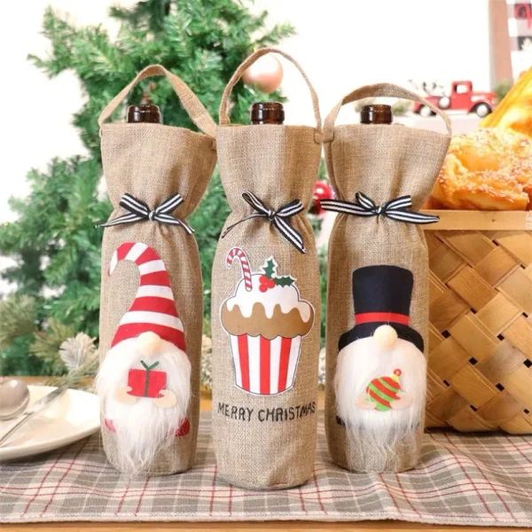 Navidad Año Nuevo Fiesta champán vino tinto cordón lino botella de vino bolsas de embalaje decoración suministros de regalo FG1016